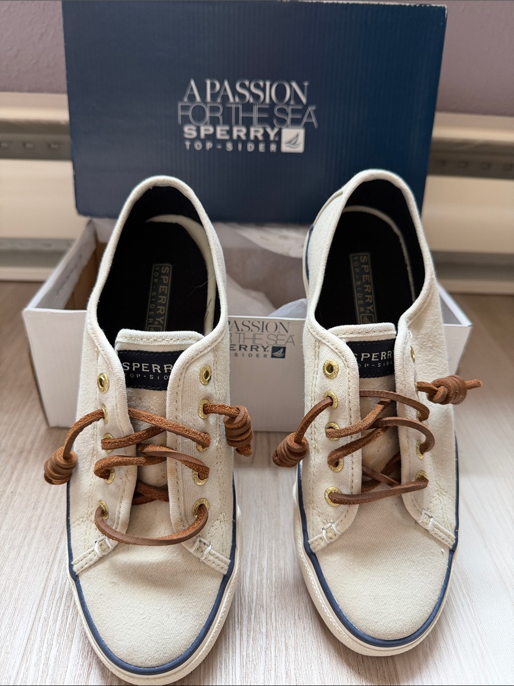 Sperry Cream Canvas Boat Shoes with Tan Leather Laces